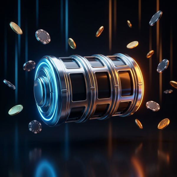 Chrome slot-reel drum floating in dark studio void